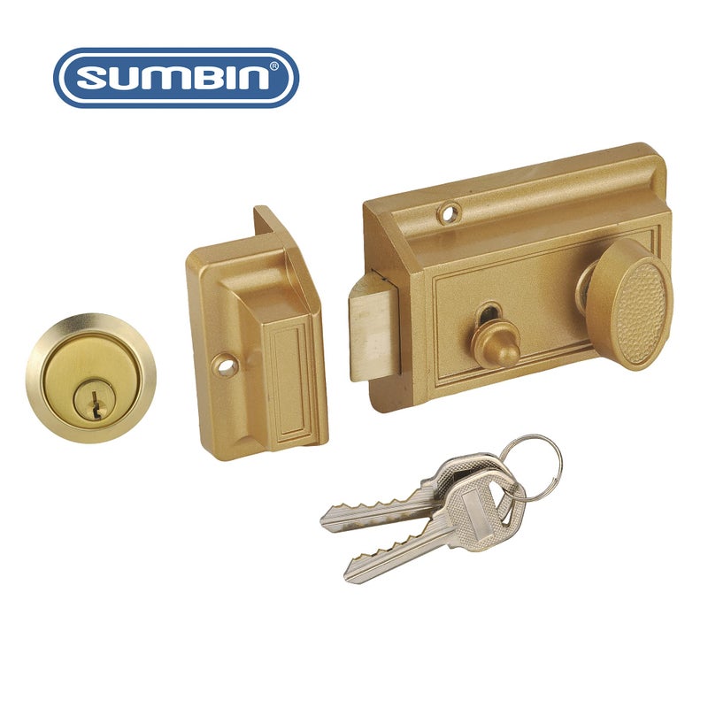 SUMBIN Night Latch Deadbolt Rim Lock Antique Locks with Keys for Front Door Gold Finish - Image 3